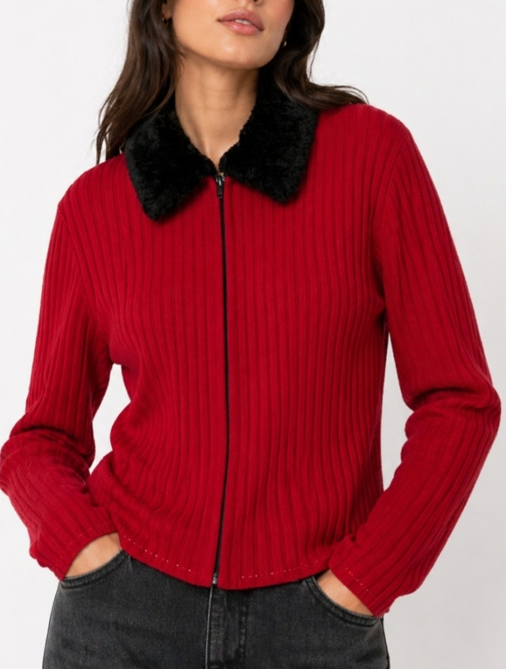 M.H.M Melissa Harper Red Ribbed Zip-up Cardigan